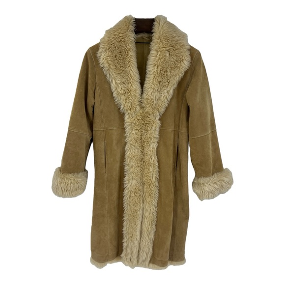 Vintage 90’s Wilson Leather Faux Fur Trim Maxima Suede Tan Penny Lane Coat SZ L - Picture 1 of 13